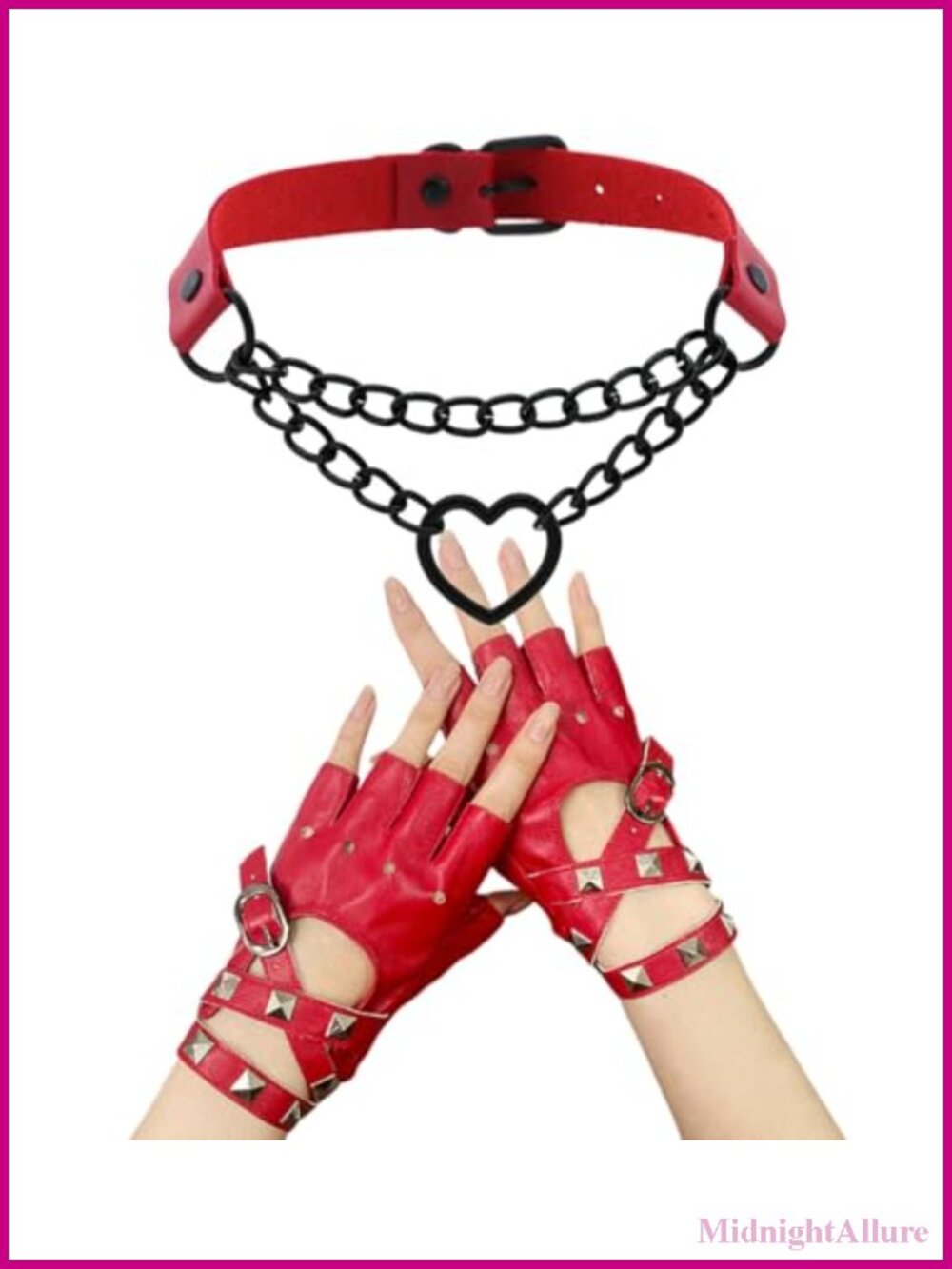 Faux Leather Fingerless Gloves & Heart Choker Set Punk Goth Cosplay